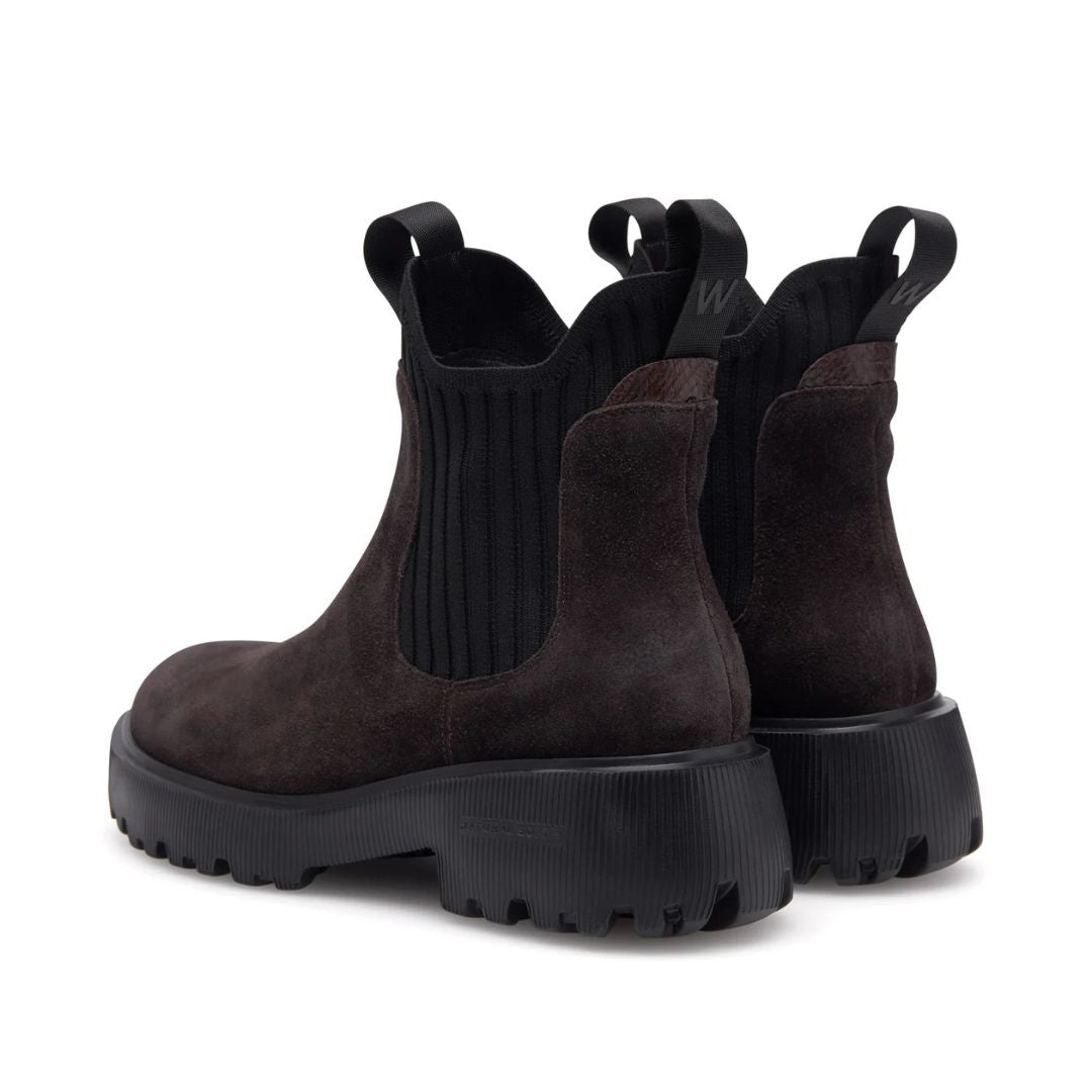 Woden Isabella Suede Boot - Chocolate brown pair back view on white background | Ladies Short Boots | Malvern Saddlery