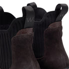 Woden Isabella Suede Boot - Chocolate brown detail of back pulls on white background | Ladies Short Boots | Malvern Saddlery