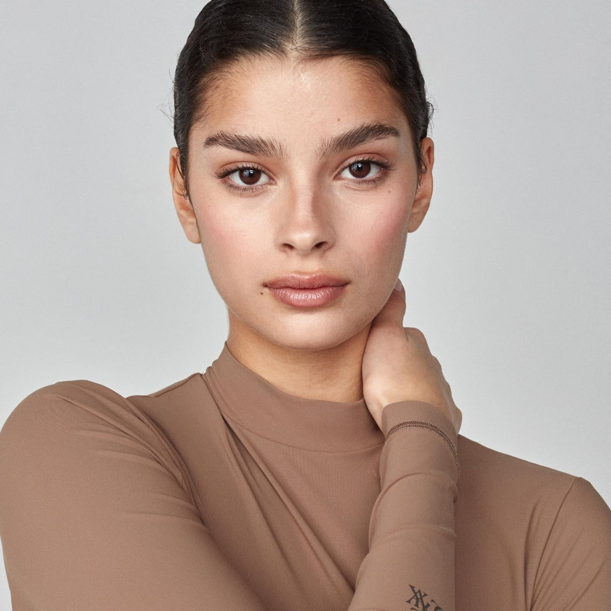 Yagya Women's Lightweight Long Sleeve Riding Top - Camel, mock neck close-up | Malvern Saddlery