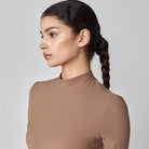 Yagya Women's Lightweight Long Sleeve Riding Top - Camel, side close-up | Malvern Saddlery