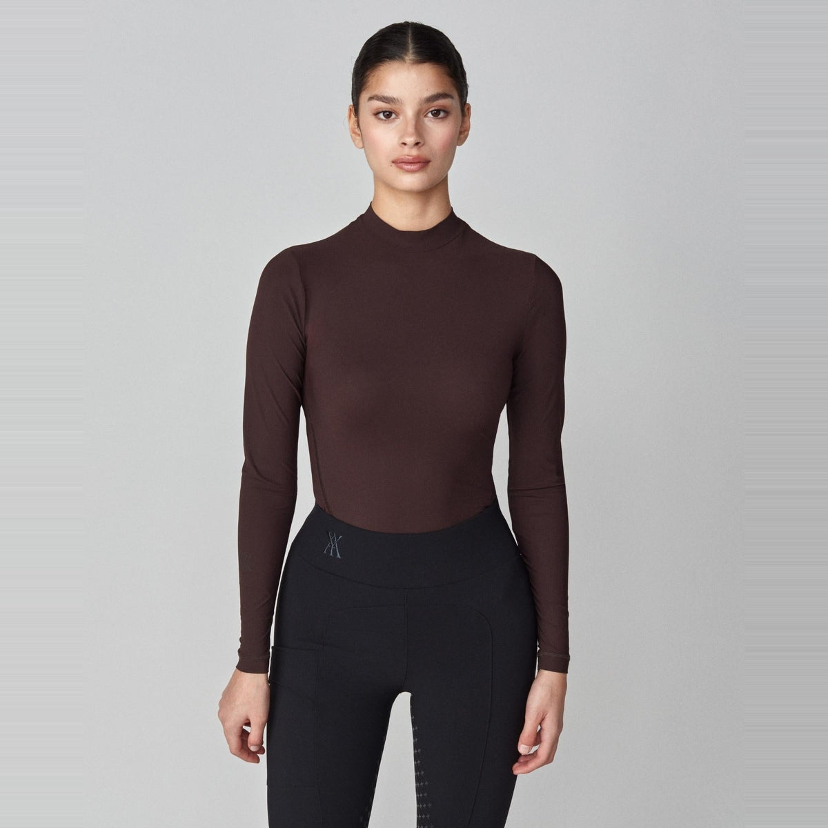 Yagya Women's Lightweight Long Sleeve Riding Top - Dark Brown, front | Malvern Saddlery