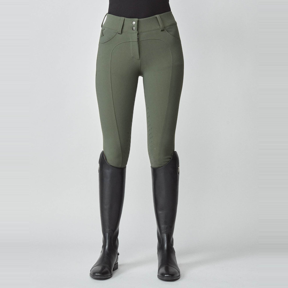 Yagya Women's Performance Knee Grip Breeches - Green, front close-up | Malvern Saddlery