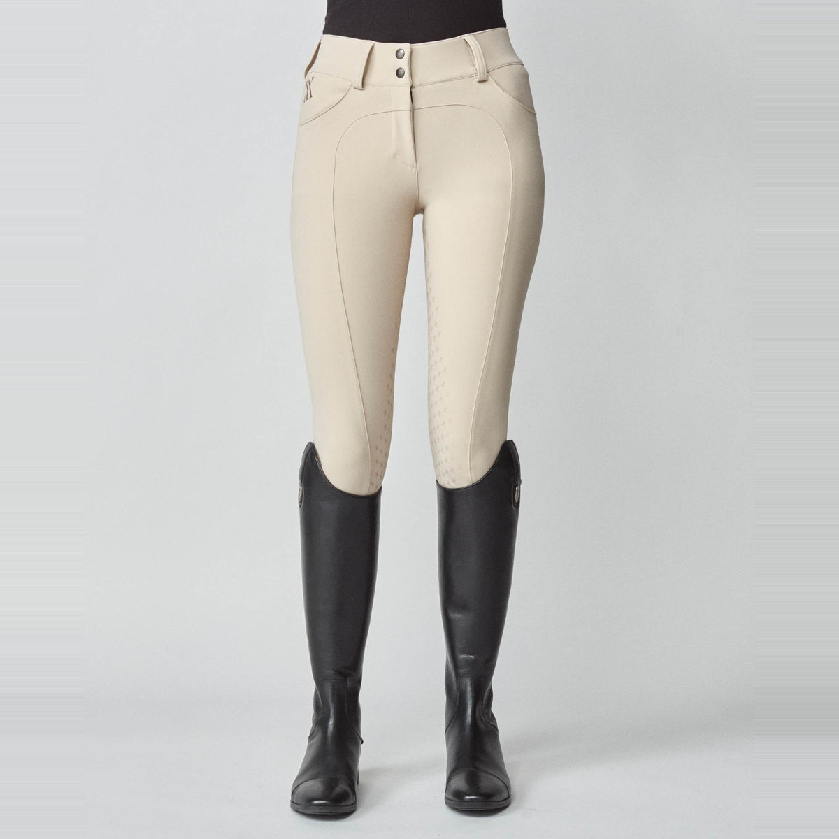 Yagya Women's Performance Knee Grip Breeches - Tan, front close-up | Malvern Saddlery