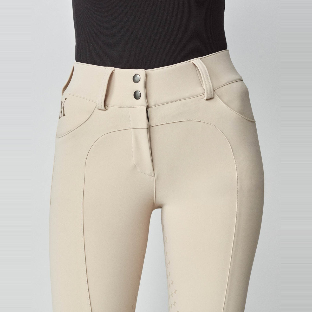 Yagya Women's Performance Knee Grip Breeches - Tan, waist detail | Malvern Saddlery