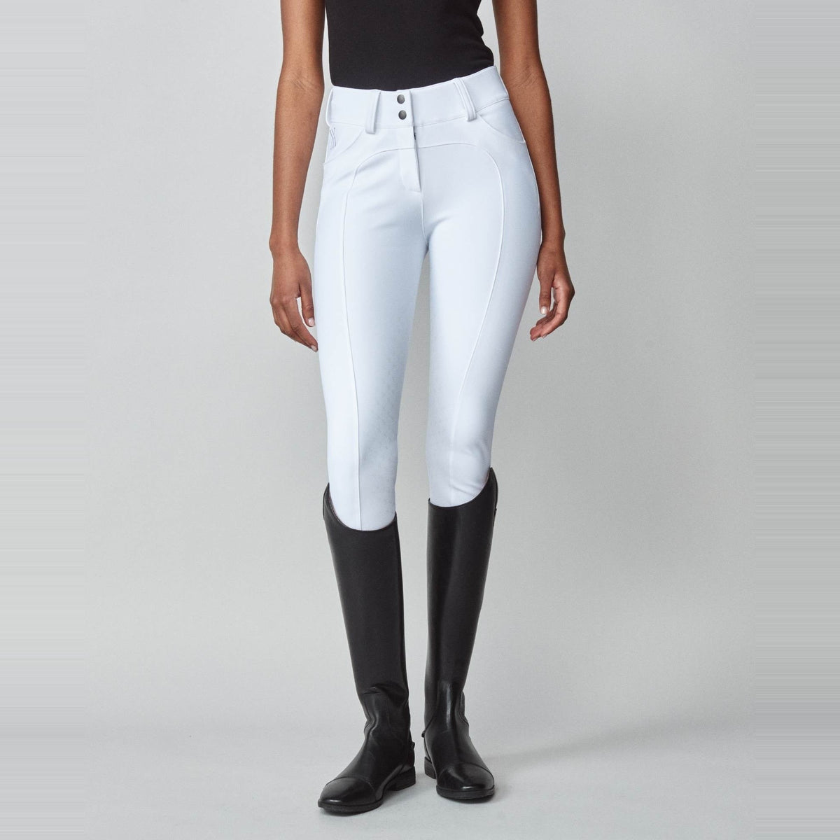 Yagya Women's Performance Knee Grip Breeches - White, front close-up | Malvern Saddlery