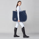 Yagya Performance Jump Saddle Pad - Navy, full length with model | Malvern Saddlery