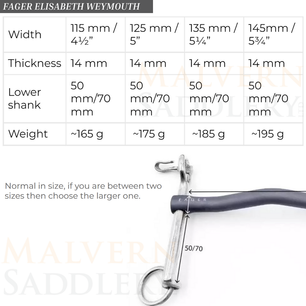 Fager Elisabeth Weymouth Size Chart | Malvern Saddlery