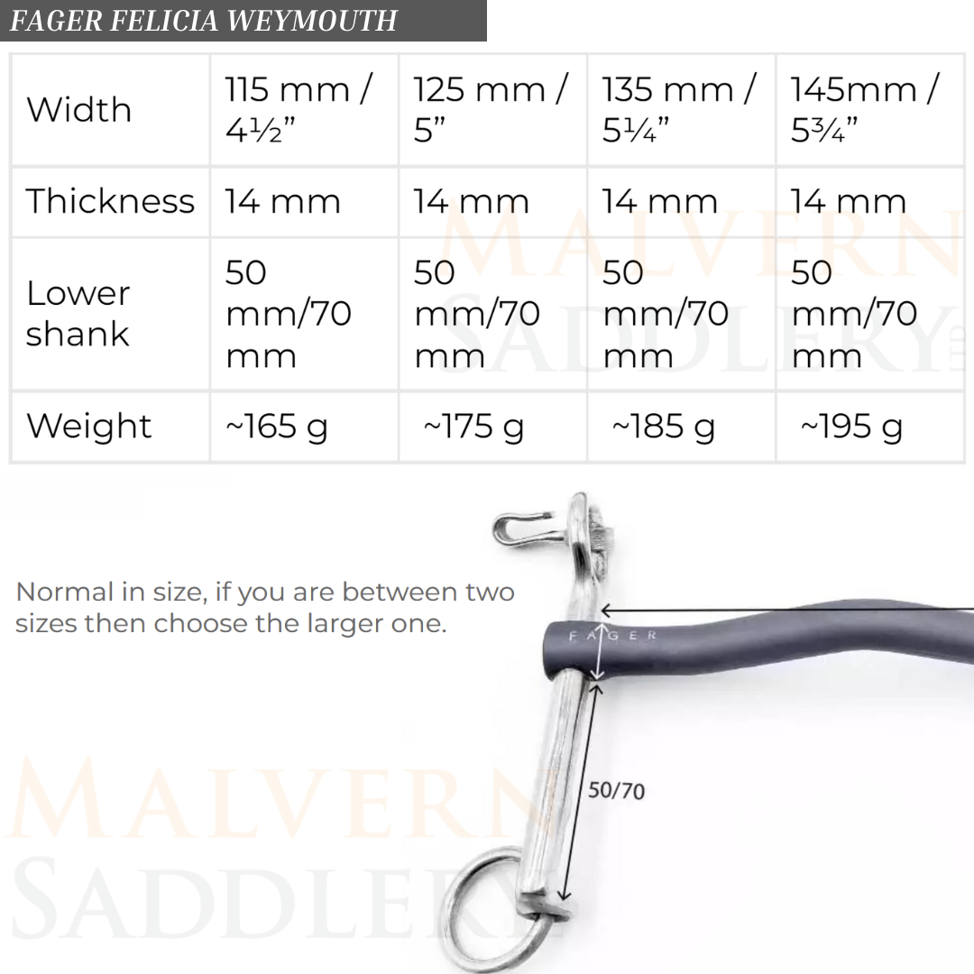 Fager Felicia Titanium Weymouth Bit Size Guide | Malvern Saddlery