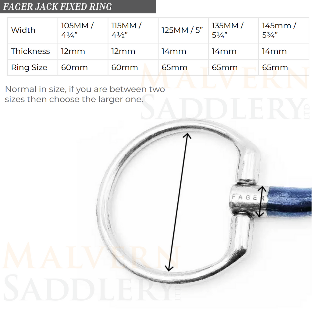 Jack Sweet Iron Fixed Ring Bit Size chart | Malvern Saddlery