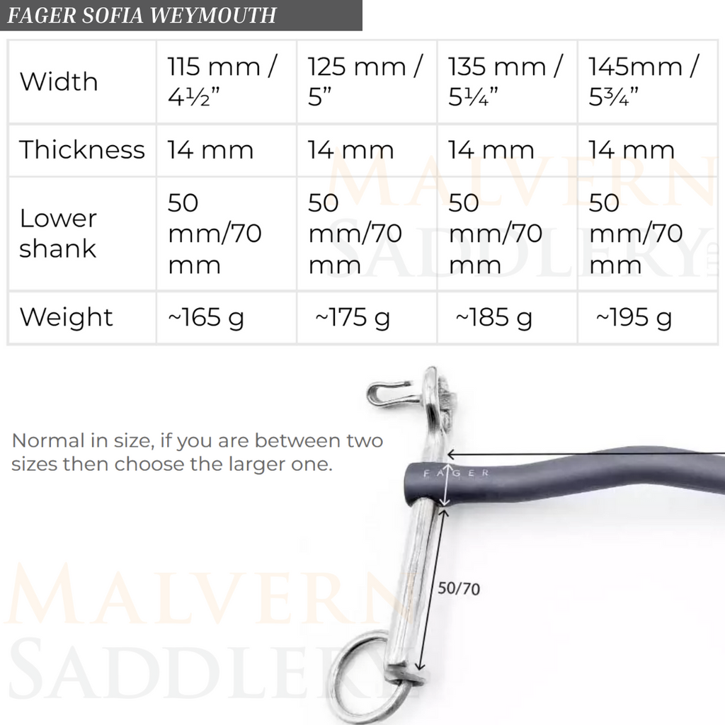 Fager Sofia Titanium Weymouth Bit Size Guide | Malvern Saddlery