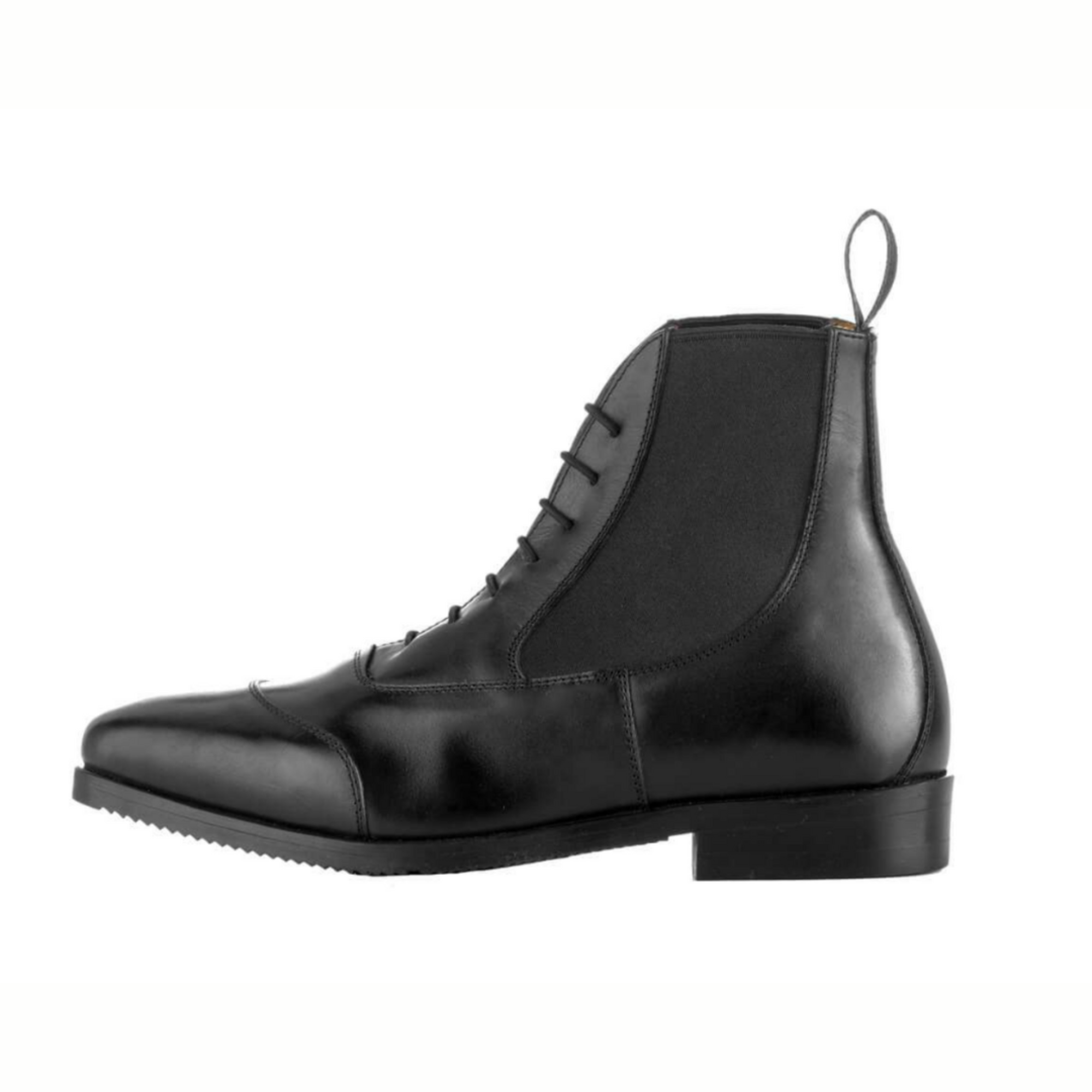 EGO7 Gemini black leather equestrian riding paddock boot side profile showing front laces elastic panel and heel pull tab