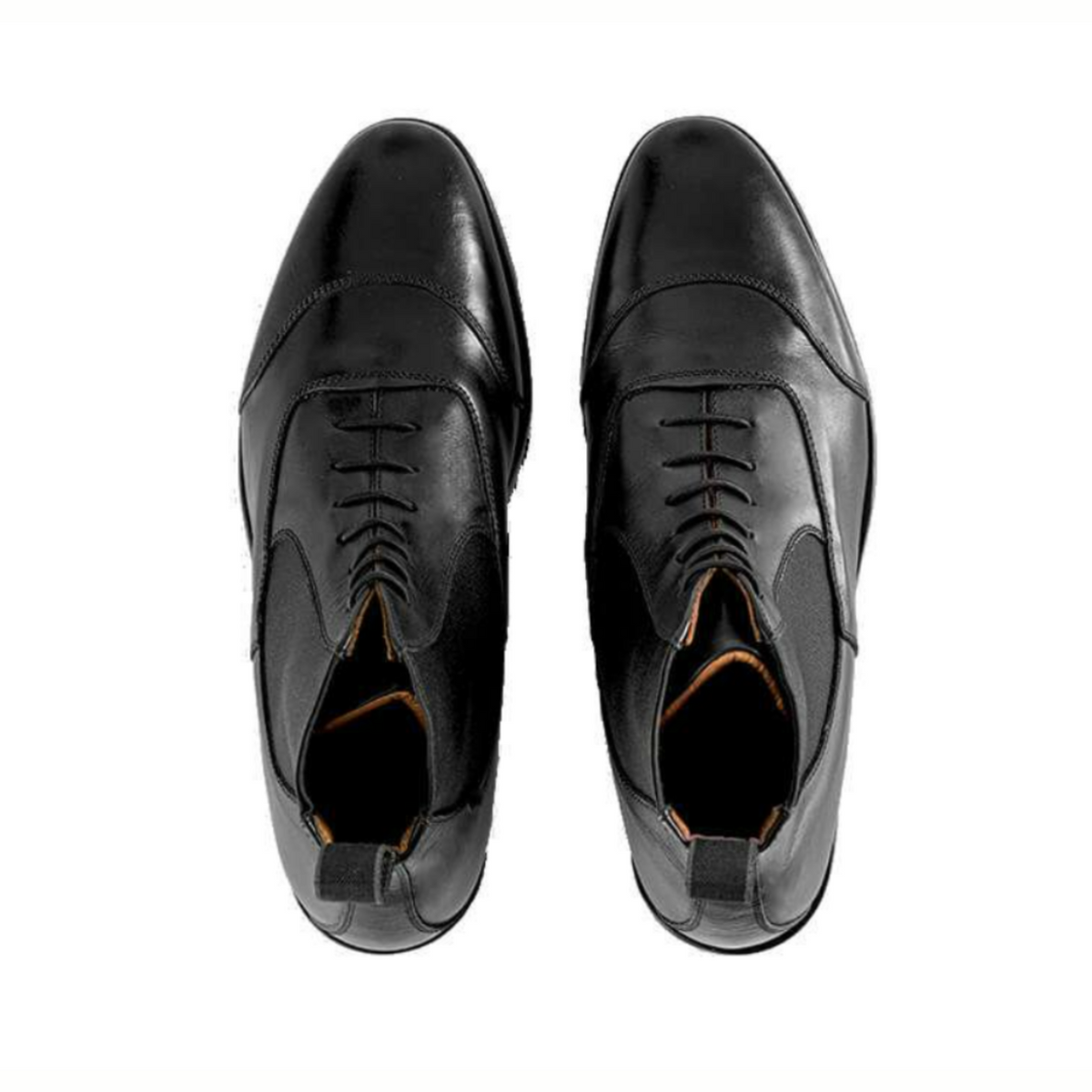 EGO7 Gemini black leather equestrian riding paddock boots top-down overhead view showing front laces, elastic side panels, and stitched toe cap