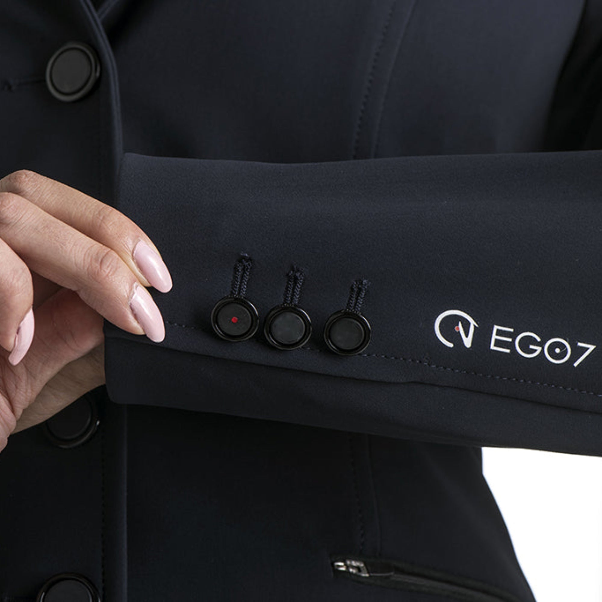 EGO7 Performance Show Jacket cuff with black buttons and EGO7 logo detail
